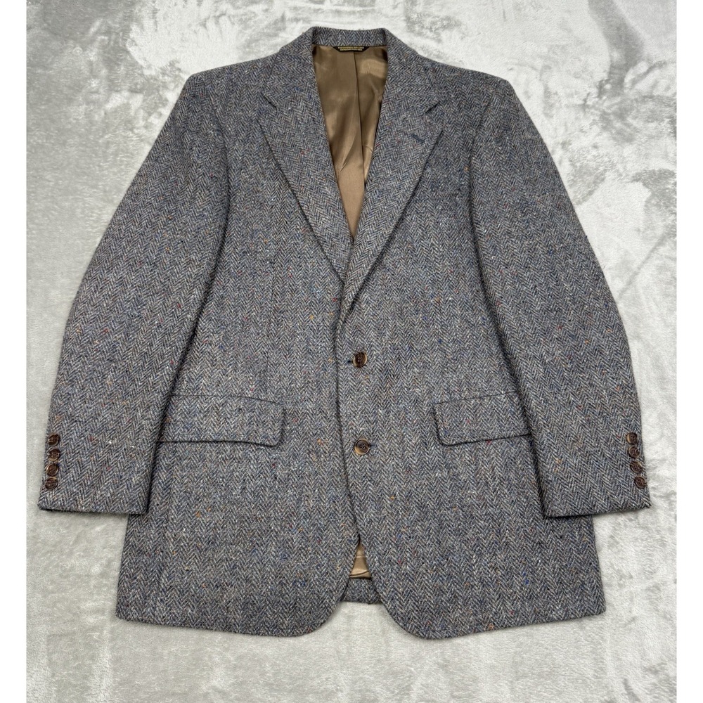 Vintage Harris Tweed Blazer Jacket Mens 40R Gray Wool Herringbone Sport Coat 60s